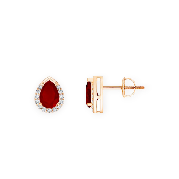 14K Solid Gold Diamond Halo Pear Shape Ruby Earrings-3