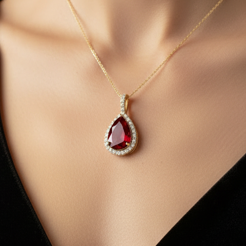 14K Solid Gold Ruby Halo Style Pear Diamond Necklace-0