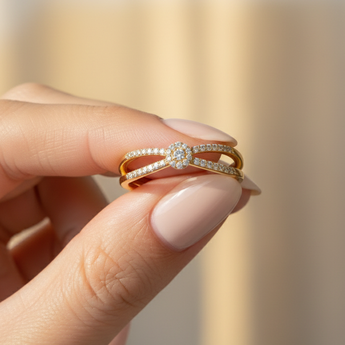 Elegant 14K Solid Gold 2 Band Diamond Ring-0