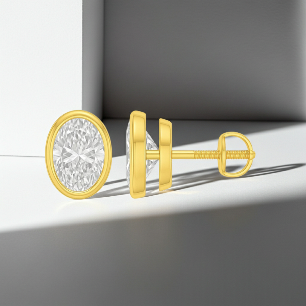 Oval Cut Diamond Bezel Setting 14K Solid Gold Solitaire Earrings Stud - IGI Certified-0