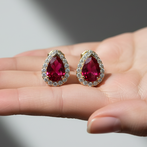 14K Solid Gold Diamond Halo Pear Shape Ruby Earrings-0