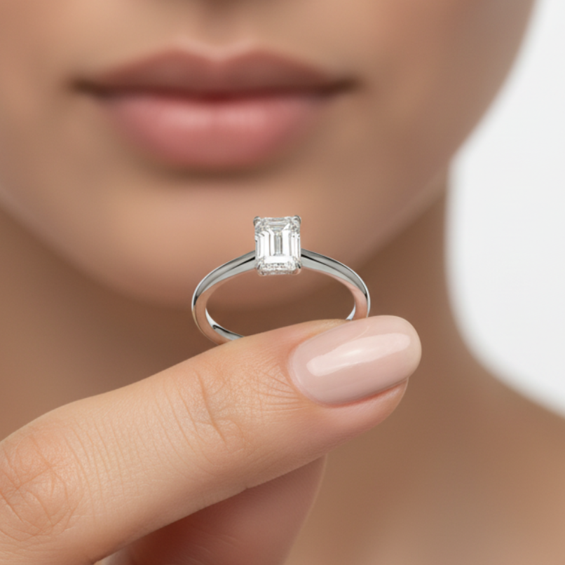 Emerald Cut Cathedral Setting Solitaire Diamond 14K Solid Gold Engagement Ring-0