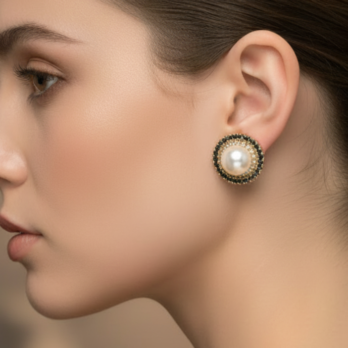 Real South Sea Pearl 14K Gold Earrings stud with Black and white Diamond Jacket-0