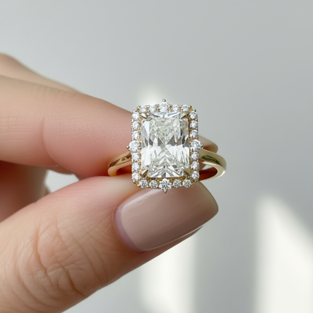 3 Carat Radiant Cut Halo 14K Solid Gold Solitaire Diamond Engagement Ring-0