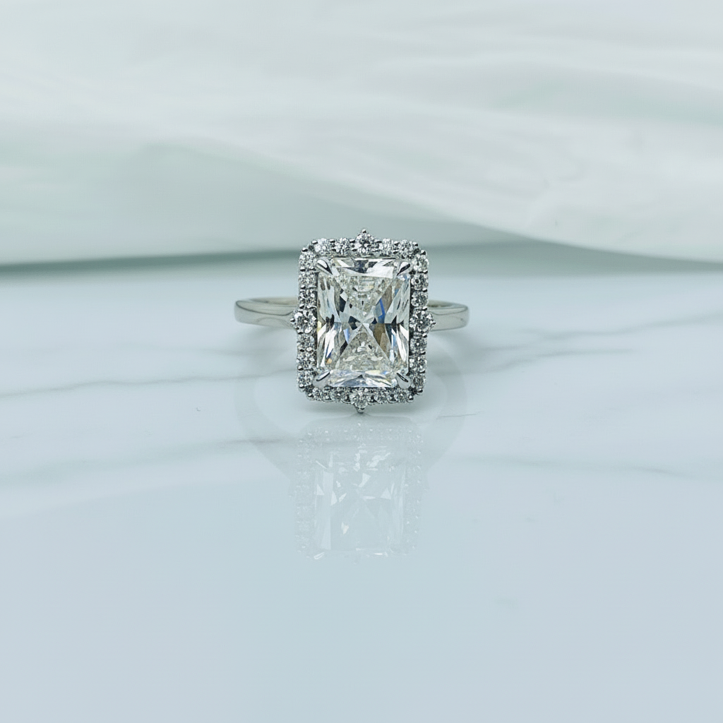 3 Carat Radiant Cut Halo 14K Solid Gold Solitaire Diamond Engagement Ring-5