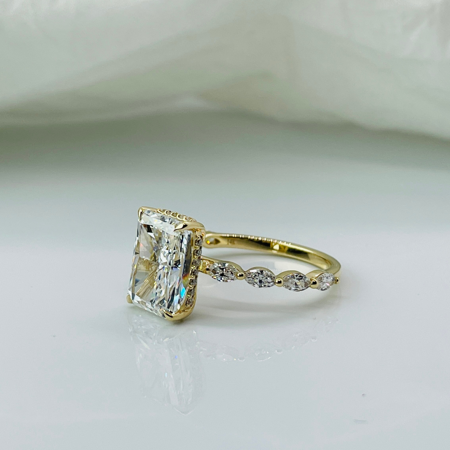 Elegant Radiant Cut Hidden Halo Marquise Band 14K Solid Gold Diamond Engagement Ring 2 to 4 Carat-3