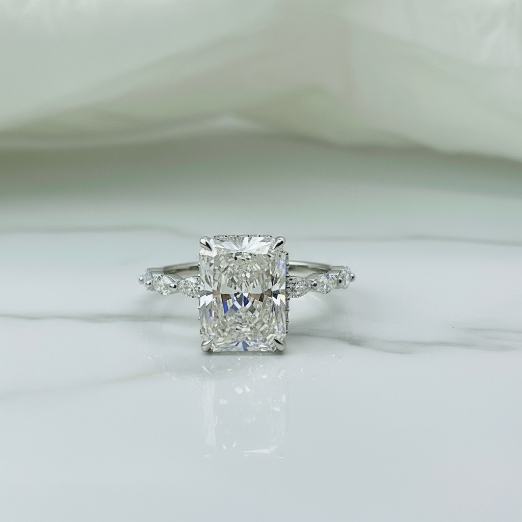 Elegant Radiant Cut Hidden Halo Marquise Band 14K Solid Gold Diamond Engagement Ring 2 to 4 Carat-5