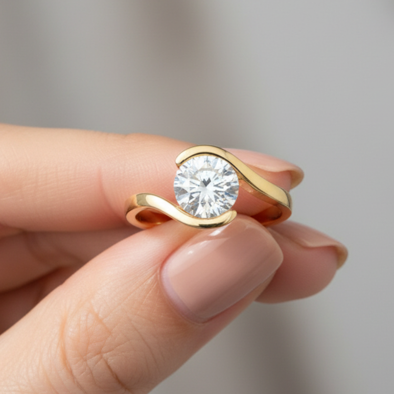 Tension Setting Round Cut 14K Solid Gold Twisted Diamond Rings IGI Certified-0