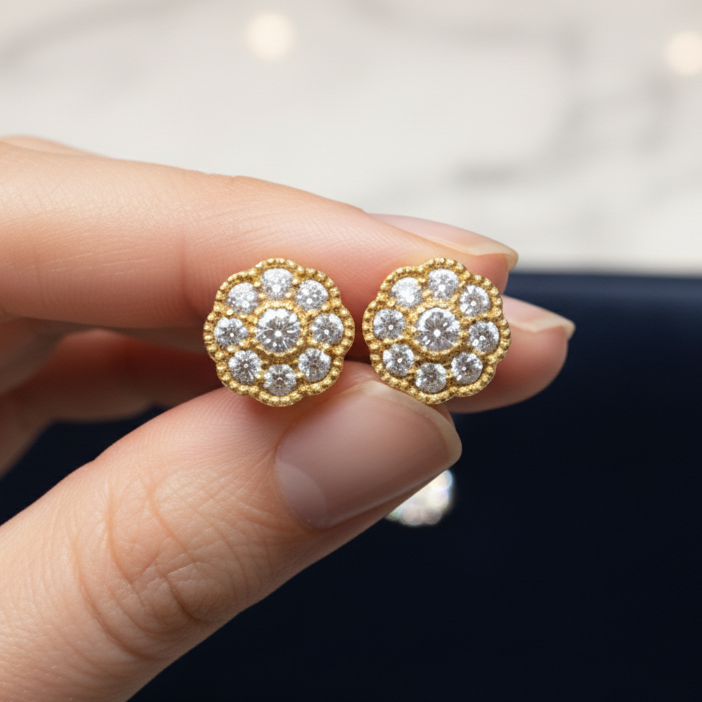 14K Solid Gold Diamond Flower Earrings screw back stud-0