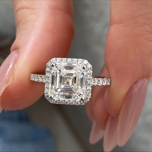 Unique Asscher Cut Diamond Single Halo 14K Solid Gold Engagement Ring-2