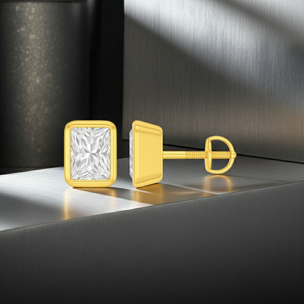 Radiant Cut 14K Solid Gold Bezel Setting Solitaire Diamond Earrings Stud - IGI Certified-0