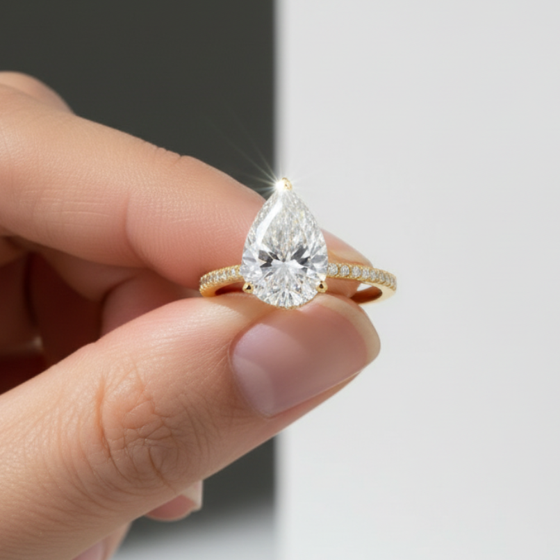 2 Carat Pear Shape Hidden Halo 14K Solid Gold Diamond Engagement Ring-0