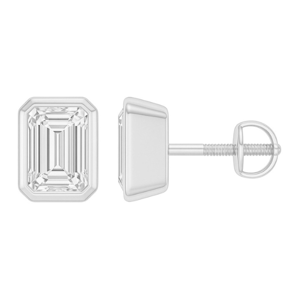 Emerald Cut 14K Solid Gold Bezel Setting Solitaire Diamond Earrings Stud - IGI Certified