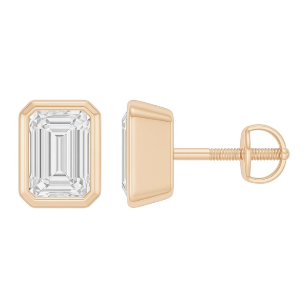 Emerald Cut 14K Solid Gold Bezel Setting Solitaire Diamond Earrings Stud - IGI Certified