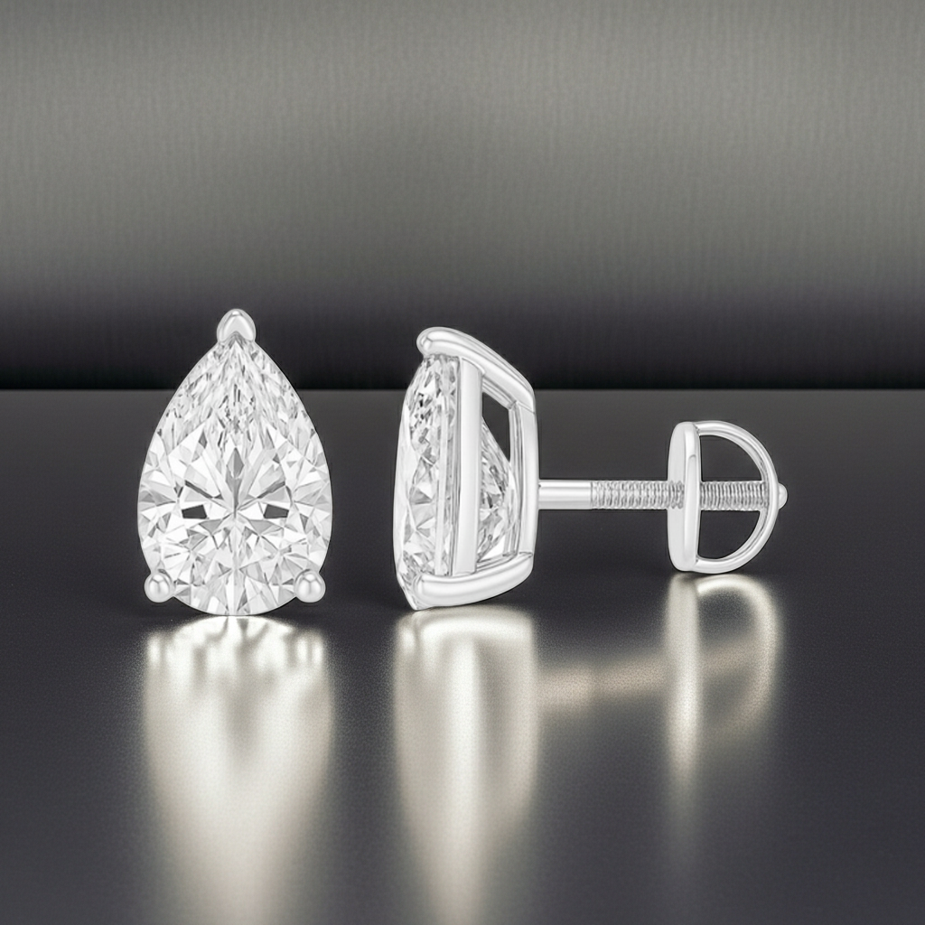 Pear Cut Prong Setting Solitaire Diamond 14K Solid Gold Earrings Stud - IGI Certified-0
