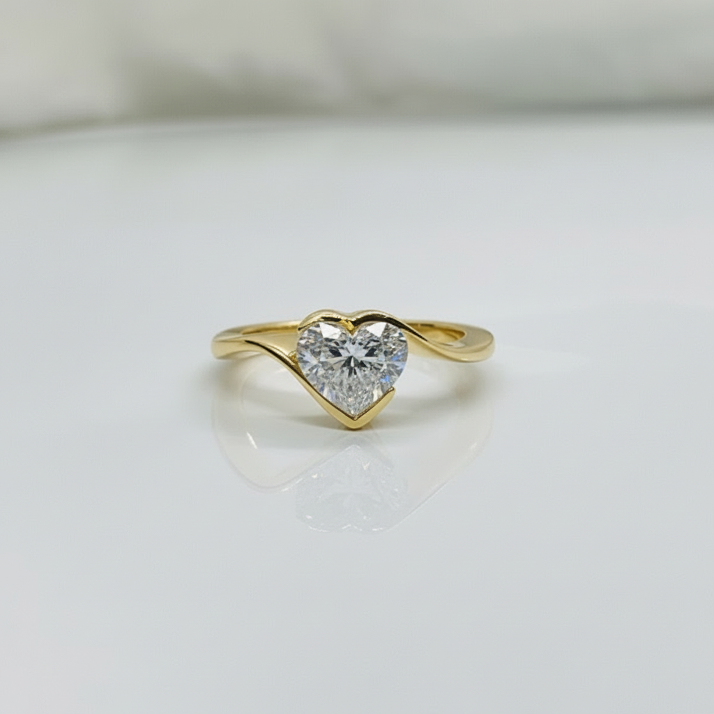 Heart Shape Solitaire Diamond Bypass Setting 14K Solid Gold Ring-1