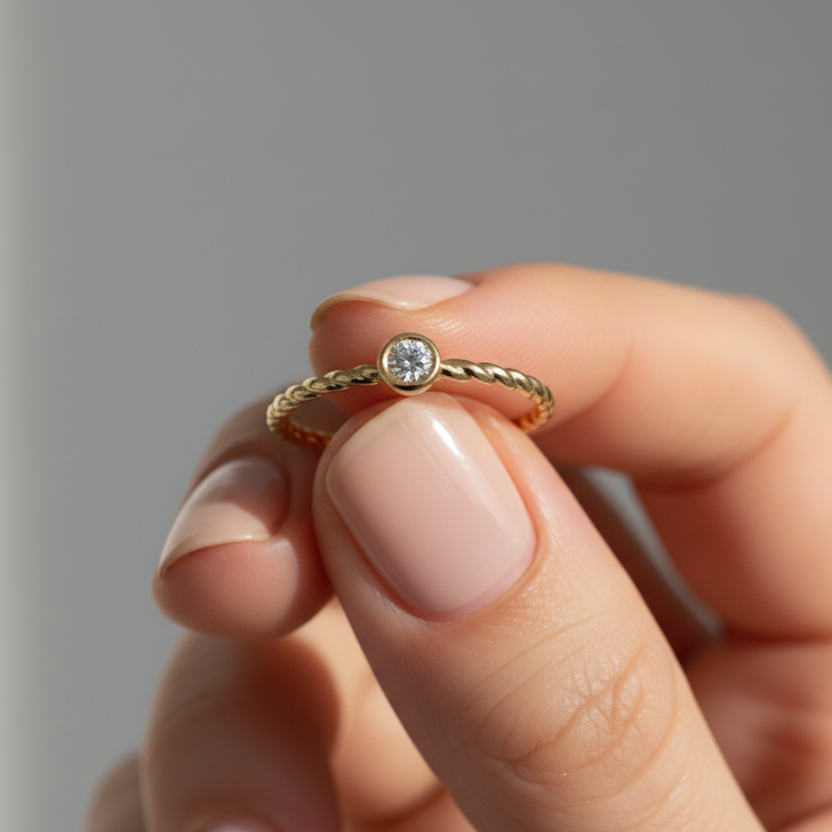 14K Solid Gold Diamond Twisted Bezel Setting Fashion Ring For Women-0