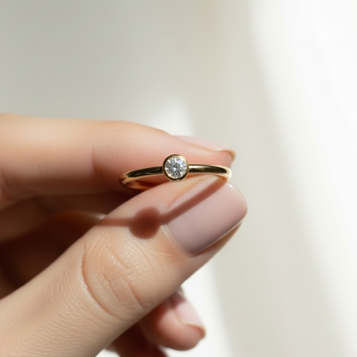 Regular Bazel setting 14K Solid Gold Diamond Fashion Ring for Her-0