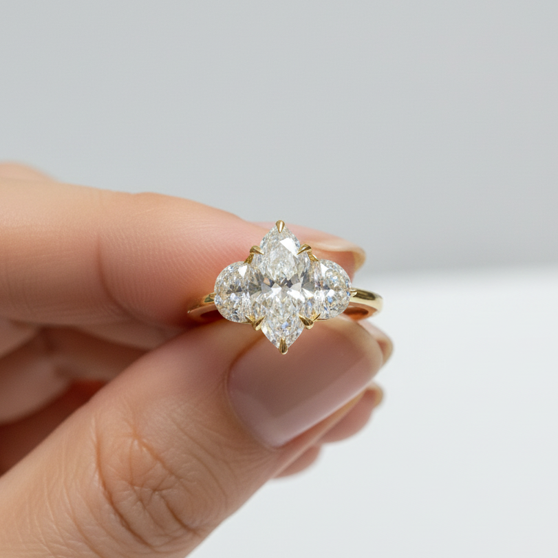 Marquise Cut Diamond 3 Stone Side Moon 14K Solid Gold Engagement Ring-0
