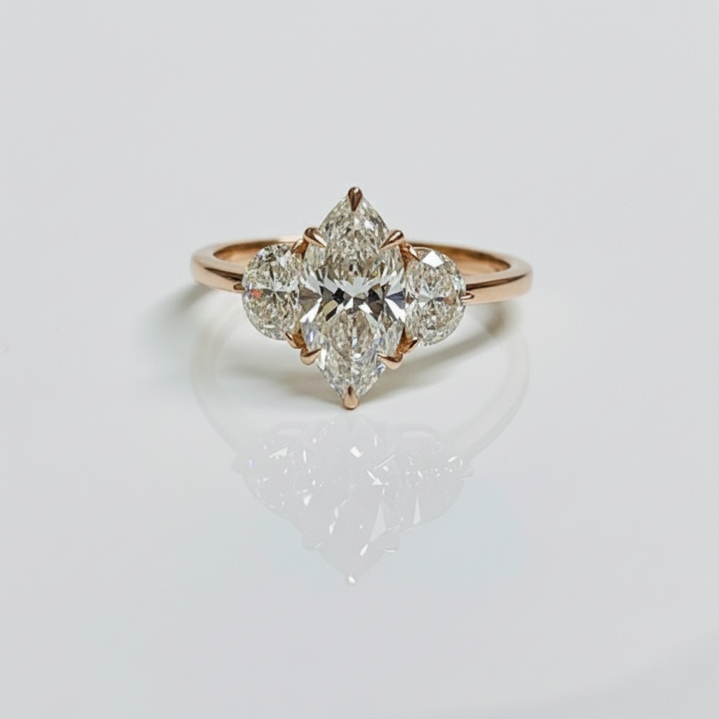 Marquise Cut Diamond 3 Stone Side Moon 14K Solid Gold Engagement Ring-3