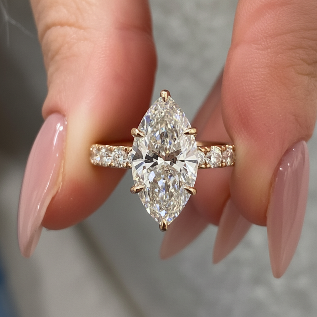 Iconic Marquise Cut Diamond Hidden Halo Pave Band 14K Solid Gold Ring For Women-2