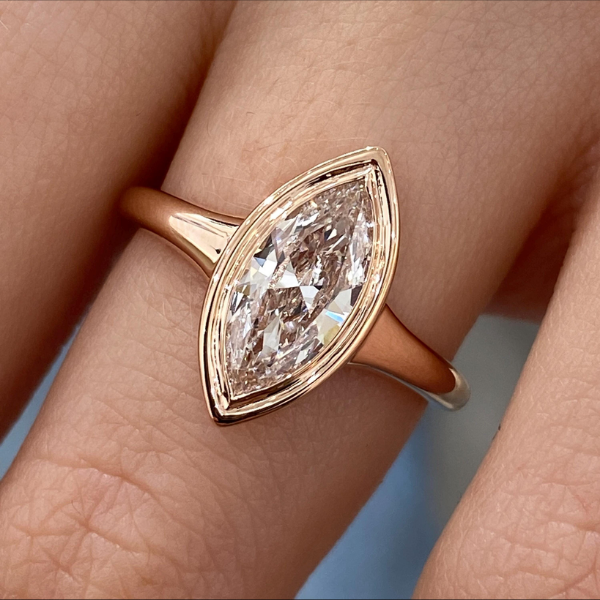 Marquise Cut Diamond Bezel Setting 14K Solid Gold Solitaire Engagement Ring-2