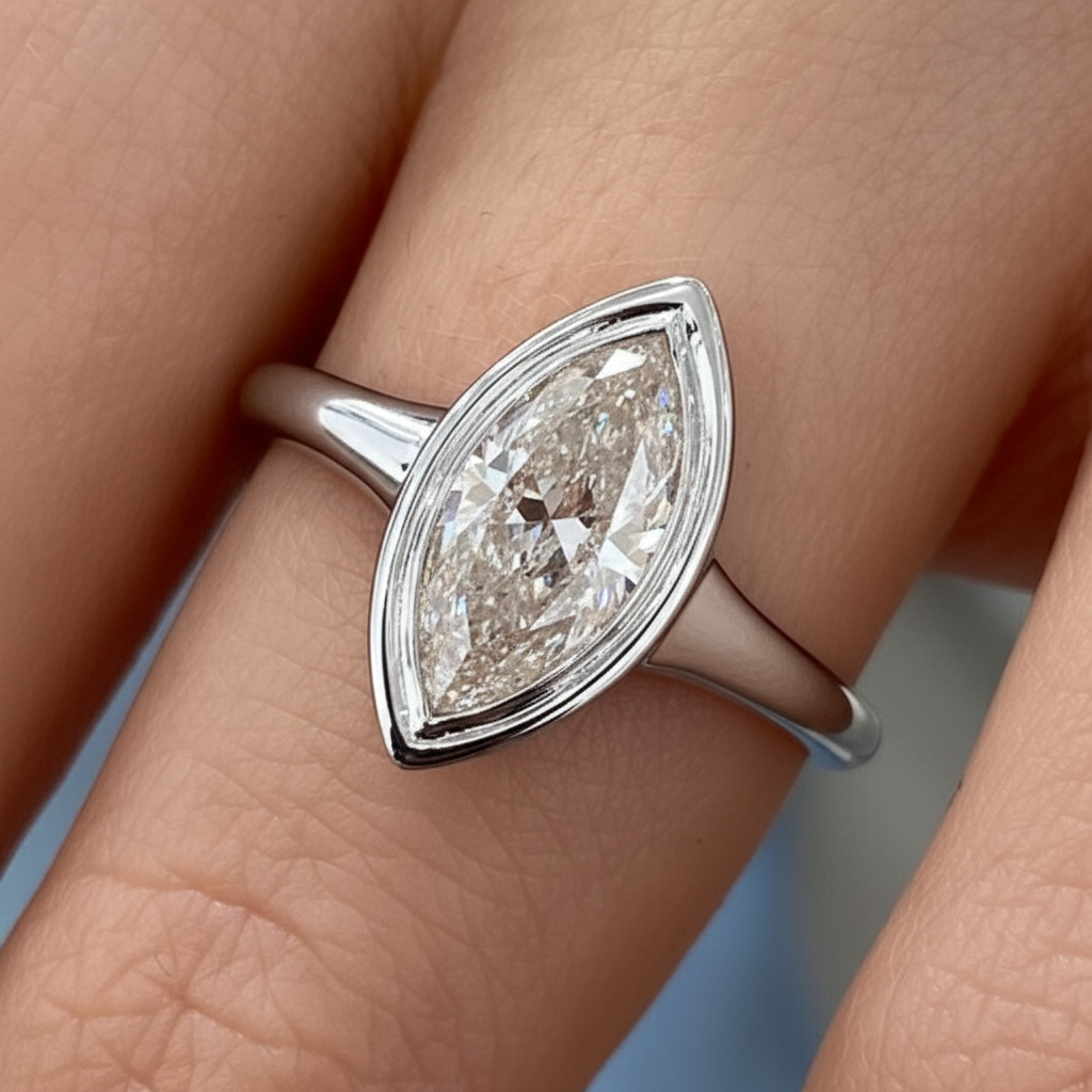Marquise Cut Diamond Bezel Setting 14K Solid Gold Solitaire Engagement Ring-1