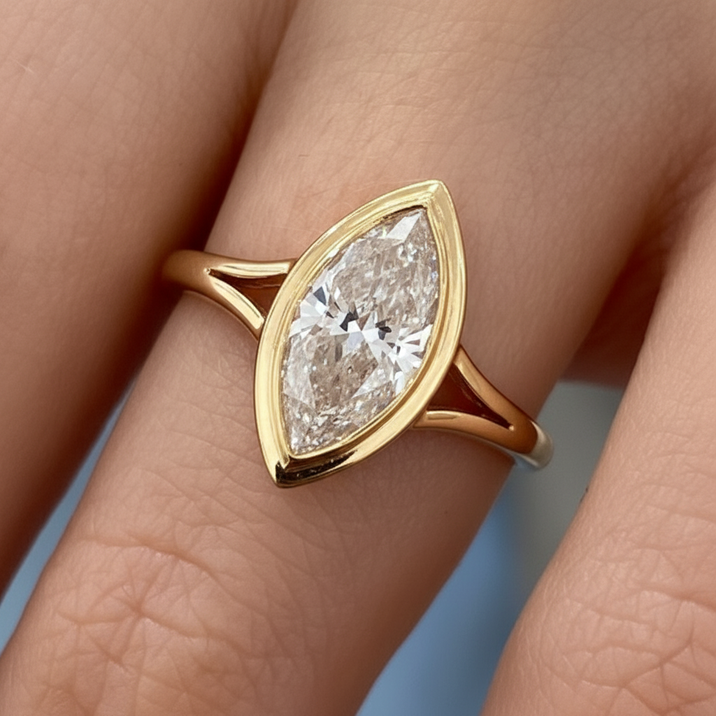 Marquise Cut Diamond Bezel Setting 14K Solid Gold Solitaire Engagement Ring-0