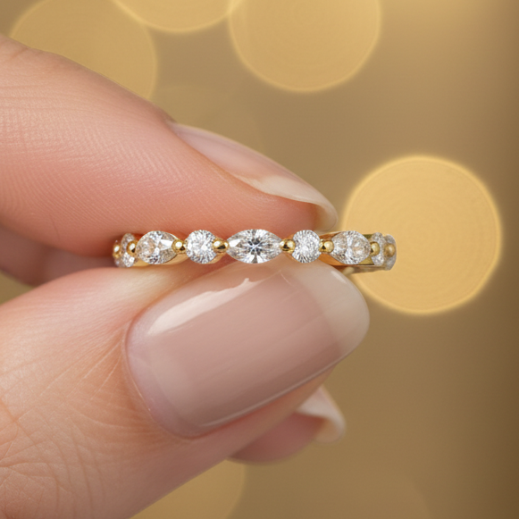 Marquise and Round Cut 14K Solid Gold Diamond Eternity Band-0