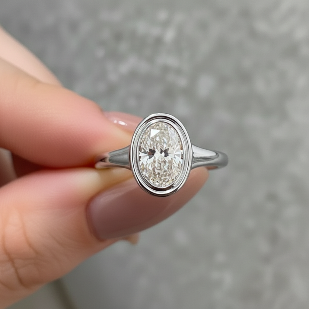 Oval Cut Diamond Bezel Setting 14K Solid Gold Solitaire Ring For Women-1