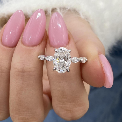 Oval Cut Side Marquise Band Hidden Halo Diamond 14K Solid Gold Engagement Ring