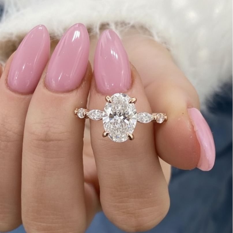 Oval Cut Side Marquise Band Hidden Halo Diamond 14K Solid Gold Engagement Ring