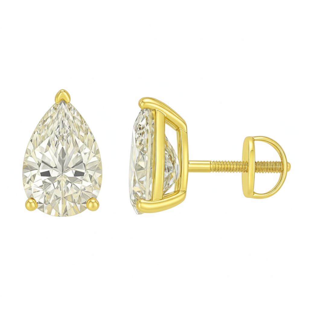 Pear Cut Prong Setting Solitaire Diamond 14K Solid Gold Earrings Stud - IGI Certified-1