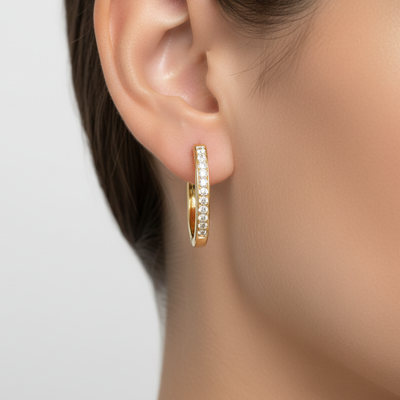 14K Solid Gold Diamond Channel Setting Hoop Earrings