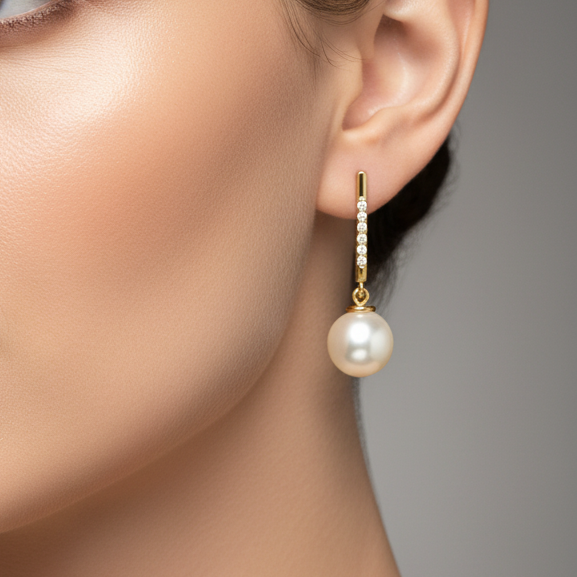 8.00MM Real South Sea Pearl Dangling Diamond 14K Solid Gold Earrings-0