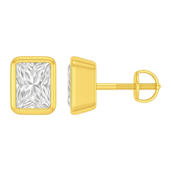 Radiant Cut 14K Solid Gold Bezel Setting Solitaire Diamond Earrings Stud - IGI Certified-1