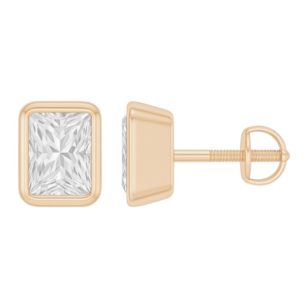 Radiant Cut 14K Solid Gold Bezel Setting Solitaire Diamond Earrings Stud - IGI Certified-3