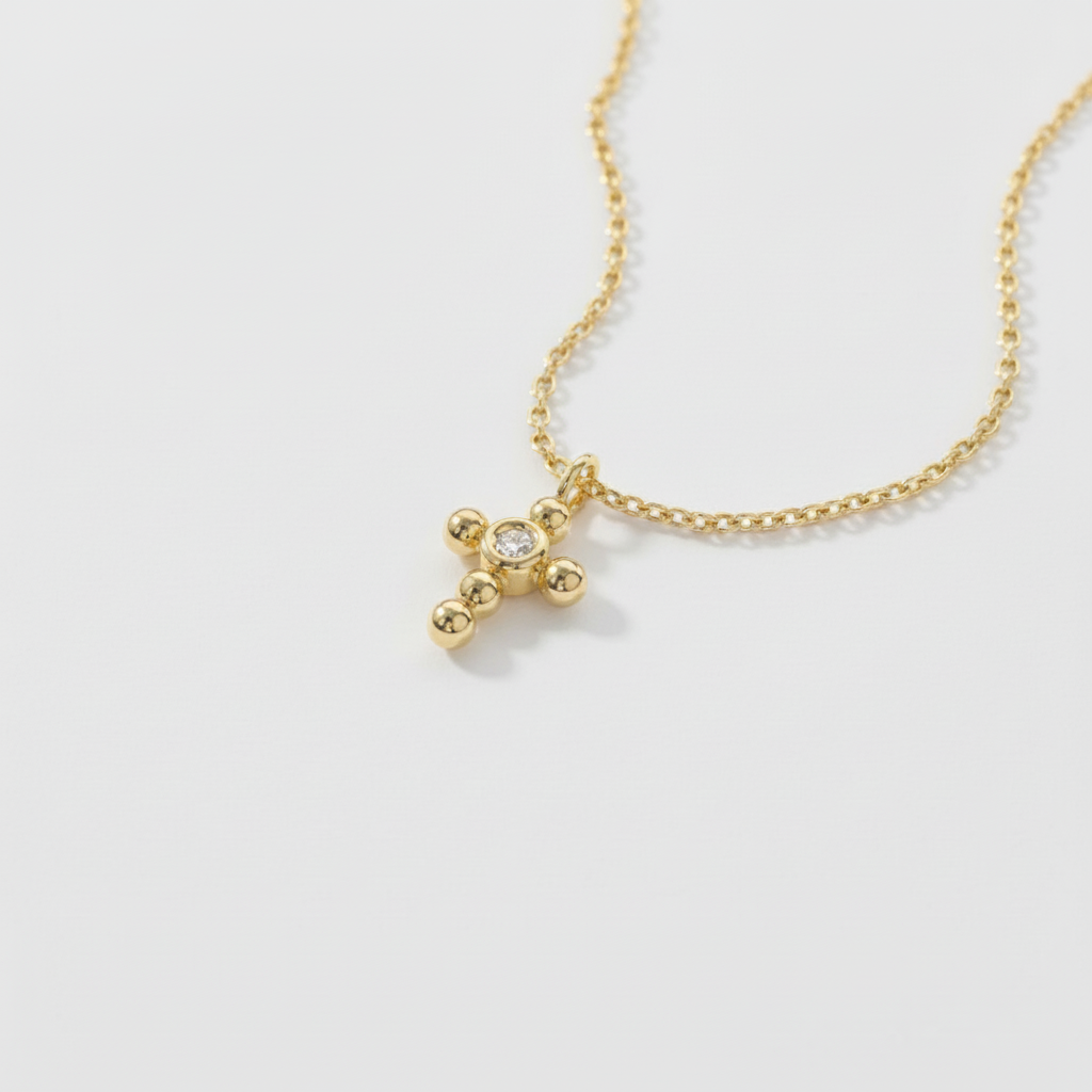 14K Solid Gold Dainty Cross Bezel Setting Diamond Necklace