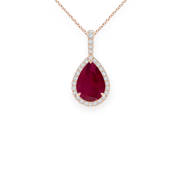 14K Solid Gold Ruby Halo Style Pear Diamond Necklace-3