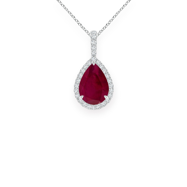 14K Solid Gold Ruby Halo Style Pear Diamond Necklace-4