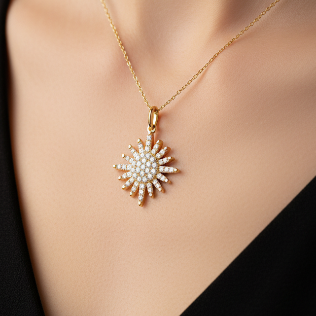 14K Solid Gold The Glory of Sun Diamond Necklace-0