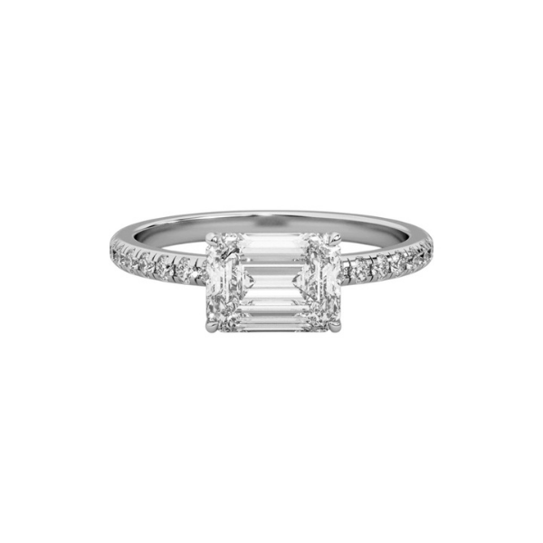 Classic Emerald Cut Sideways Pave Band 14K Solid Gold Diamond Ring