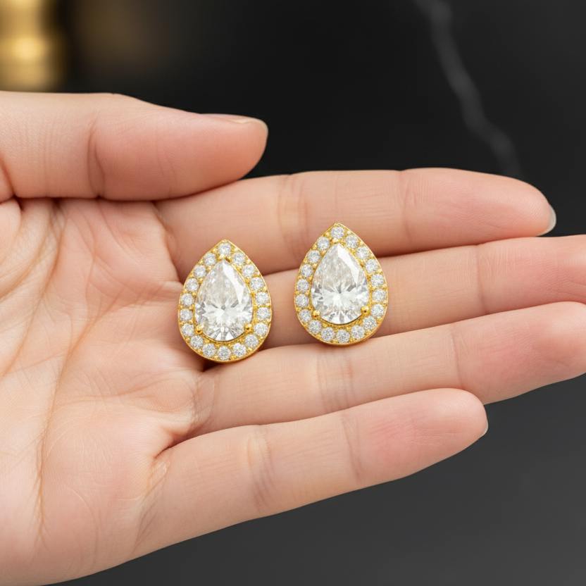 Pear Shape Halo 14K Solid Gold Diamond Earrings Set for Women-0