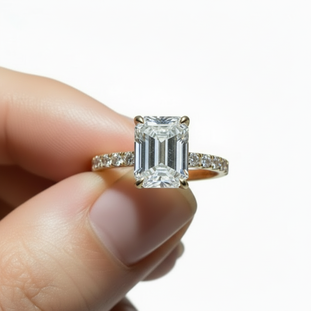2 to 4 Carat Emerald Cut Pave Setting 14K Solid Gold Solitaire Diamond Engagement Ring-0