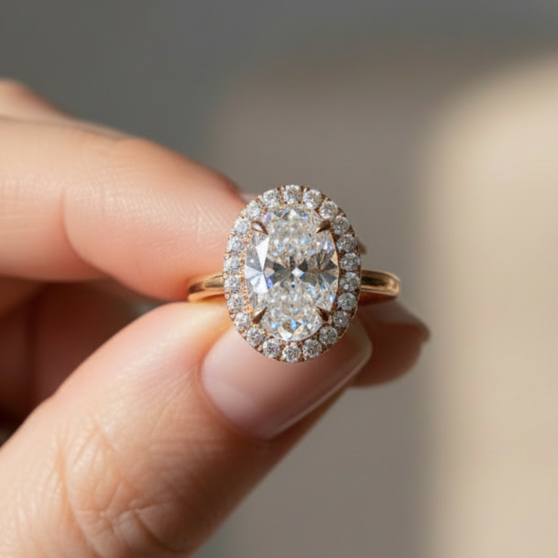 2 to 3 Carat Oval Cut Single Halo 14K Solid Gold Solitaire Diamond Engagement Ring-0