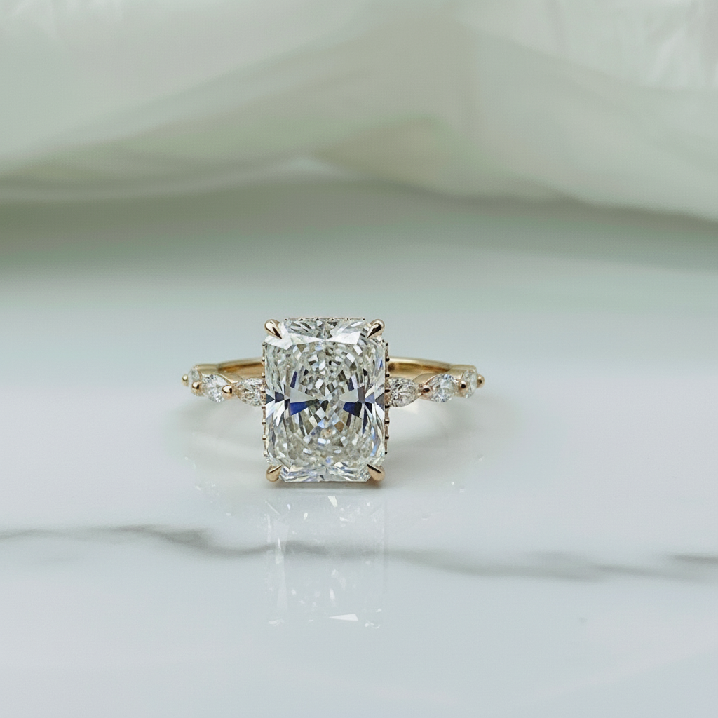Elegant Radiant Cut Hidden Halo Marquise Band 14K Solid Gold Diamond Engagement Ring 2 to 4 Carat-6