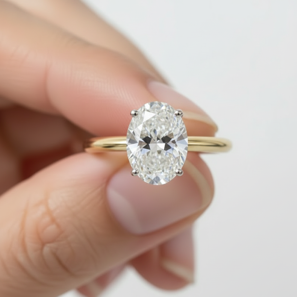 Two Tone Oval Cut 14K Solid Gold Solitaire Diamond Engagement Ring-0