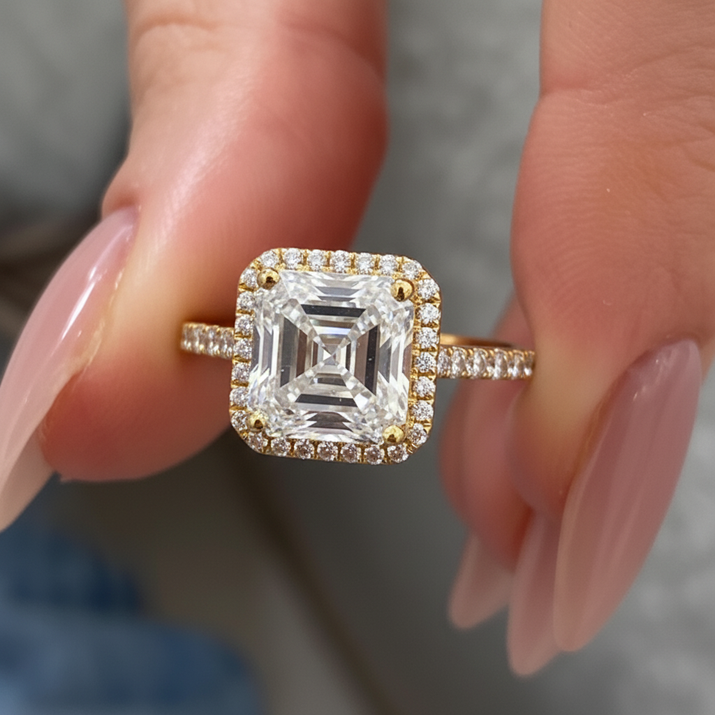 Unique Asscher Cut Diamond Single Halo 14K Solid Gold Engagement Ring-0