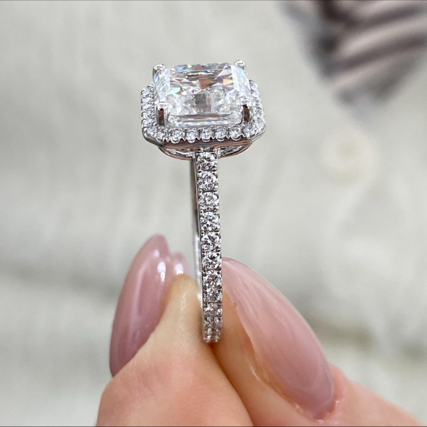 Unique Asscher Cut Diamond Single Halo 14K Solid Gold Engagement Ring-4