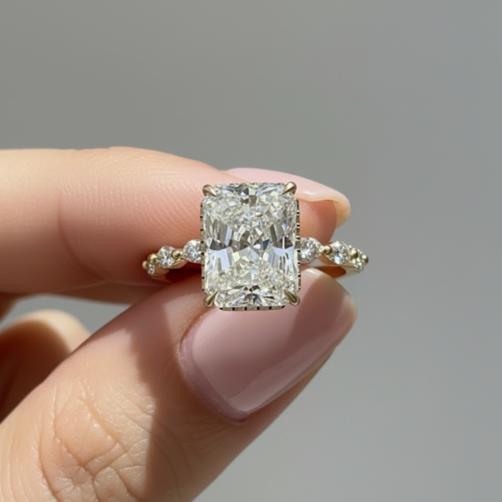 Elegant Radiant Cut Hidden Halo Marquise Band 14K Solid Gold Diamond Engagement Ring 2 to 4 Carat-0